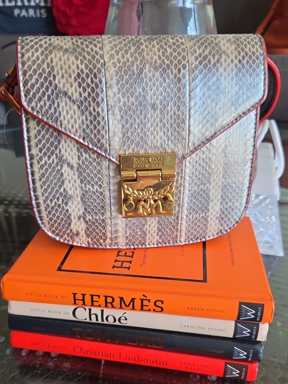 MCM Cream Python-Print Leather Crossbody with Gold Hardware & Dustbag